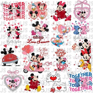 以下が含まれることがあります： ミッキーマウスとミニーマウス、ドナルドダック、デイジーダック、スティッチとエンジェルをフィーチャーした、カラフルな漫画グラフィックのコレクション。デザインにはハート、「Better Together」と「Love Season」の文字が含まれています。