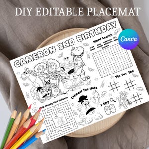 Toy Story Birthday Party Activity Sheet, Woody Party Coloring, Birthday Party Placemat (Digital File)
