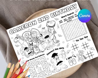 トイ・ストーリーの誕生日パーティー用アクティビティシート、ウッディのパーティー用ぬり絵、誕生日パーティー用プレースマット（デジタルファイル）