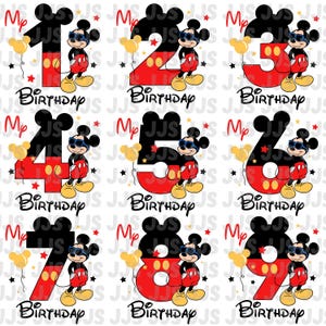 Puede incluir: Un conjunto de gráficos de cumpleaños con los números del 1 al 9. Cada número está diseñado con una silueta negra de Mickey Mouse, detalles en rojo y un personaje de dibujos animados con gafas de sol. La palabra "Birthday" está escrita debajo.