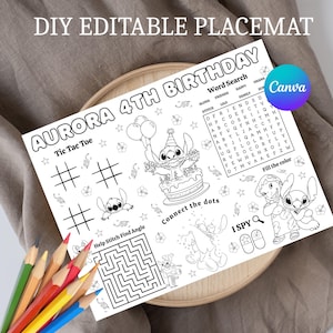 Stitch Birthday Party Activity Sheet, Cute Blue Alien Coloring, Birthday Party Placemat, favor (Digital File)