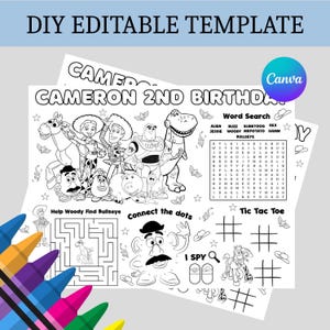 May include: A black and white printable activity sheet featuring the text CAMERON 2ND BIRTHDAY, a word search, a maze, a connect the dots game, and tic tac toe. The sheet includes line art illustrations of various cartoon characters.