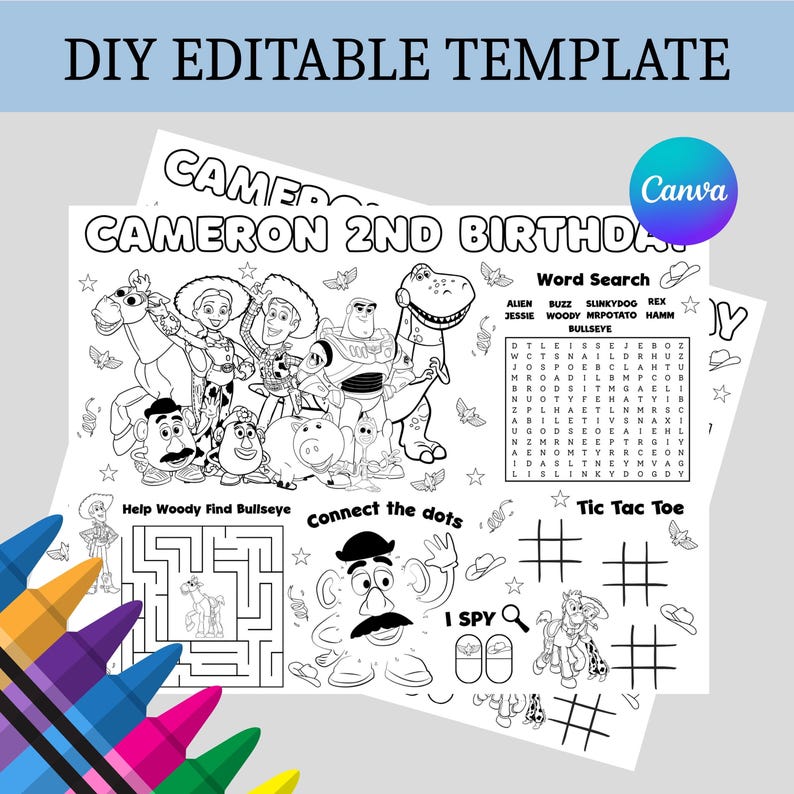 May include: A black and white printable activity sheet featuring the text CAMERON 2ND BIRTHDAY, a word search, a maze, a connect the dots game, and tic tac toe. The sheet includes line art illustrations of various cartoon characters.