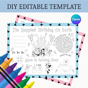 Editable Mouse Birthday Placemat, Printable Mouse Coloring Sheet, Kids Birthday Party Activity Sheet, Digital File