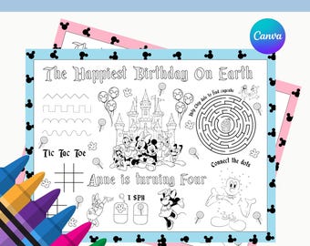 Bewerkbare muis verjaardag placemat, afdrukbare muis kleurplaat, activiteitenblad kinderverjaardagsfeestje, digitaal bestand