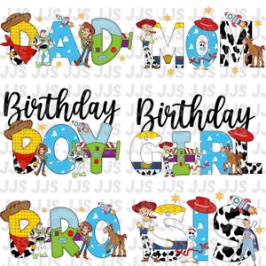 Può includere: Grafica colorata con le parole "DAD MOM" e "Birthday BOY GIRL BRO SIS". Ogni lettera è decorata con personaggi dei cartoni animati ed elementi a tema, perfetta per compleanni ed eventi familiari.