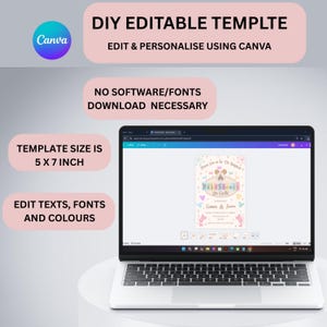 May include: A laptop displays a baby shower invitation template. The template size is 5 x 7 inches. The text on the screen reads "Baby Shower On Earth". The design is editable using Canva, with no software or fonts download needed.