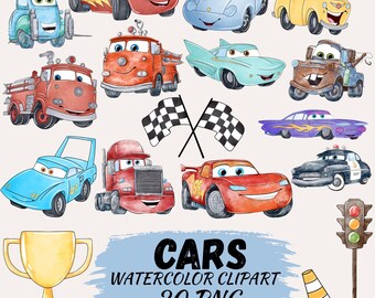 Cars Watercolor Clipart Bundle, Cars Hand drawn Bundle PNG Pack, Cartoon png Digital Download