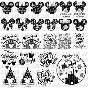 May include: A collection of black and white digital graphic designs featuring Mickey Mouse silhouettes, Christmas trees, snowflakes, Santa sleighs, and castles. Text includes Merry Christmas, Christmas Squad, Snowflake Kisses, and 2026.