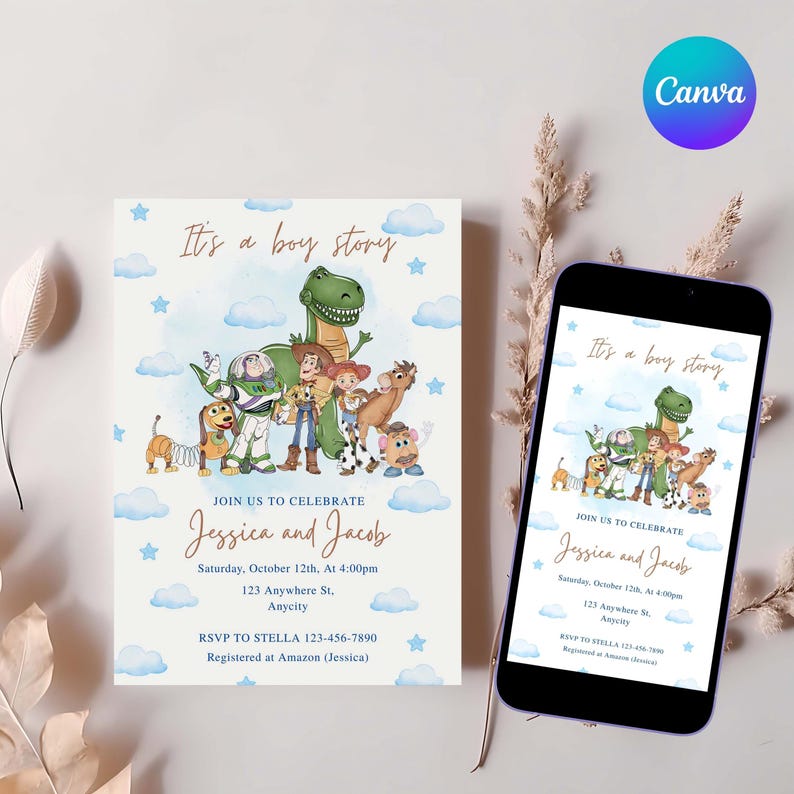 May include: A baby shower invitation featuring a watercolor illustration of characters from a popular animated movie. The invitation includes the text "It's a boy story" and details for the event, such as the date, time, and location.