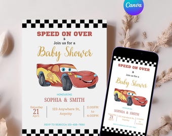 Race Car Baby Shower Invitation, Speed On Over, Car theme, Printable Boy Shower Invite, Editable Digital Download