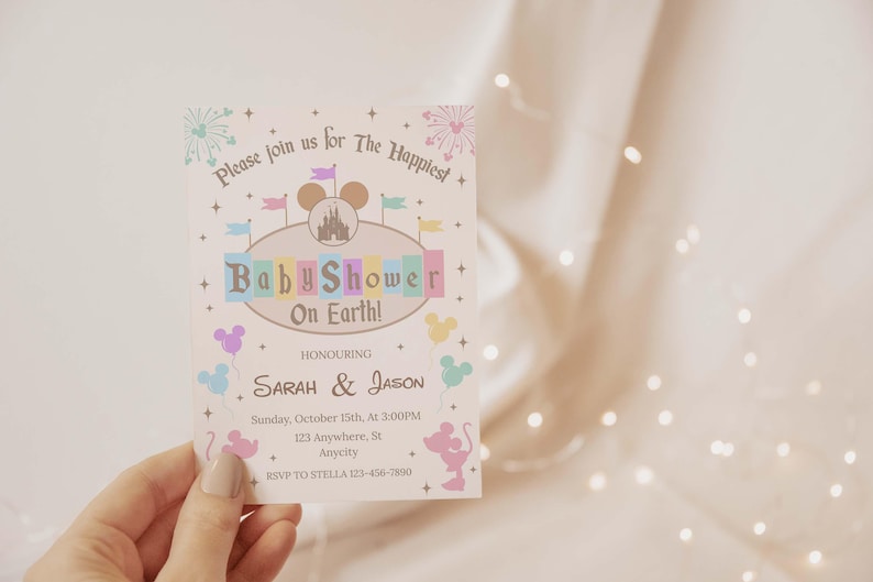 May include: A pastel-colored baby shower invitation with the text "Baby Shower On Earth!" and the names "Sarah & Jason." The invitation features Mickey Mouse silhouettes and castle imagery. The date and time are also included.