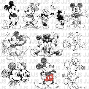 以下が含まれることがあります： 様々なポーズのミッキーマウスとミニーマウスの白黒線画イラストのコレクション。ミッキーは彼のクラシックな衣装で、ミニーはドレスとリボンを着ています。画像はスケッチスタイルです。