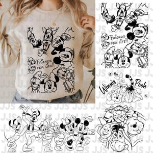 May include: A beige sweatshirt with a black and white Disney character design, including Mickey and Minnie Mouse, Donald Duck, and Goofy. The text "FRIENDS FOR LIFE!!" is also displayed. The design is repeated on the right side.