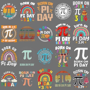 Może przedstawiać: Kolekcja kolorowych wzorów na Dzień Liczby Pi. Każdy wzór zawiera symbol pi, tekst "Born on 3.14" oraz inne powiązane elementy, takie jak tęcze, ciasta i symbol Pi. Wzory są w różnych stylach.