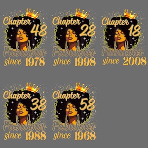 May include: A collection of five digital illustrations featuring a woman with a crown, gold text, and the words "Chapter" and "Fabulous since" with different years and ages: 48, 28, 18, 38, and 58.