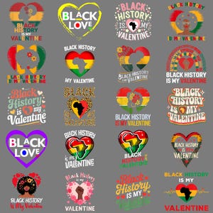May include: A selection of graphic designs with heart shapes, text, and imagery celebrating Black History Month and Valentine's Day. The designs include the phrases "Black History is My Valentine" and "Black Love."