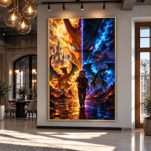 Può includere: Una stampa artistica da parete verticale che raffigura una figura centrale che cammina in avanti, affiancata da un grande drago arancione a sinistra e un drago blu scuro a destra. Lo sfondo mostra un paesaggio diviso tra fiamme e energia blu.