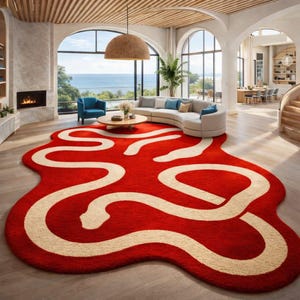 Peut inclure: Un tapis rouge vif avec un motif de serpent crème est le point central de la pièce. La forme unique et les couleurs vives du tapis créent un point focal dans cet espace de vie moderne. La pièce offre une vue sur l'océan.