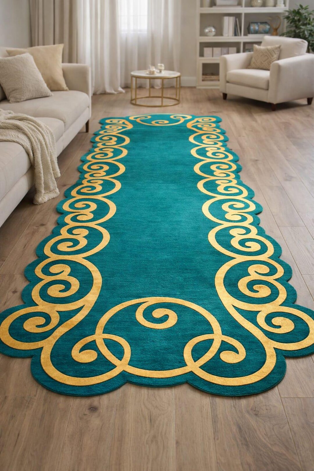 Teal and Gold Runner Rug | Handmade Royal Scroll Design - Etsy
