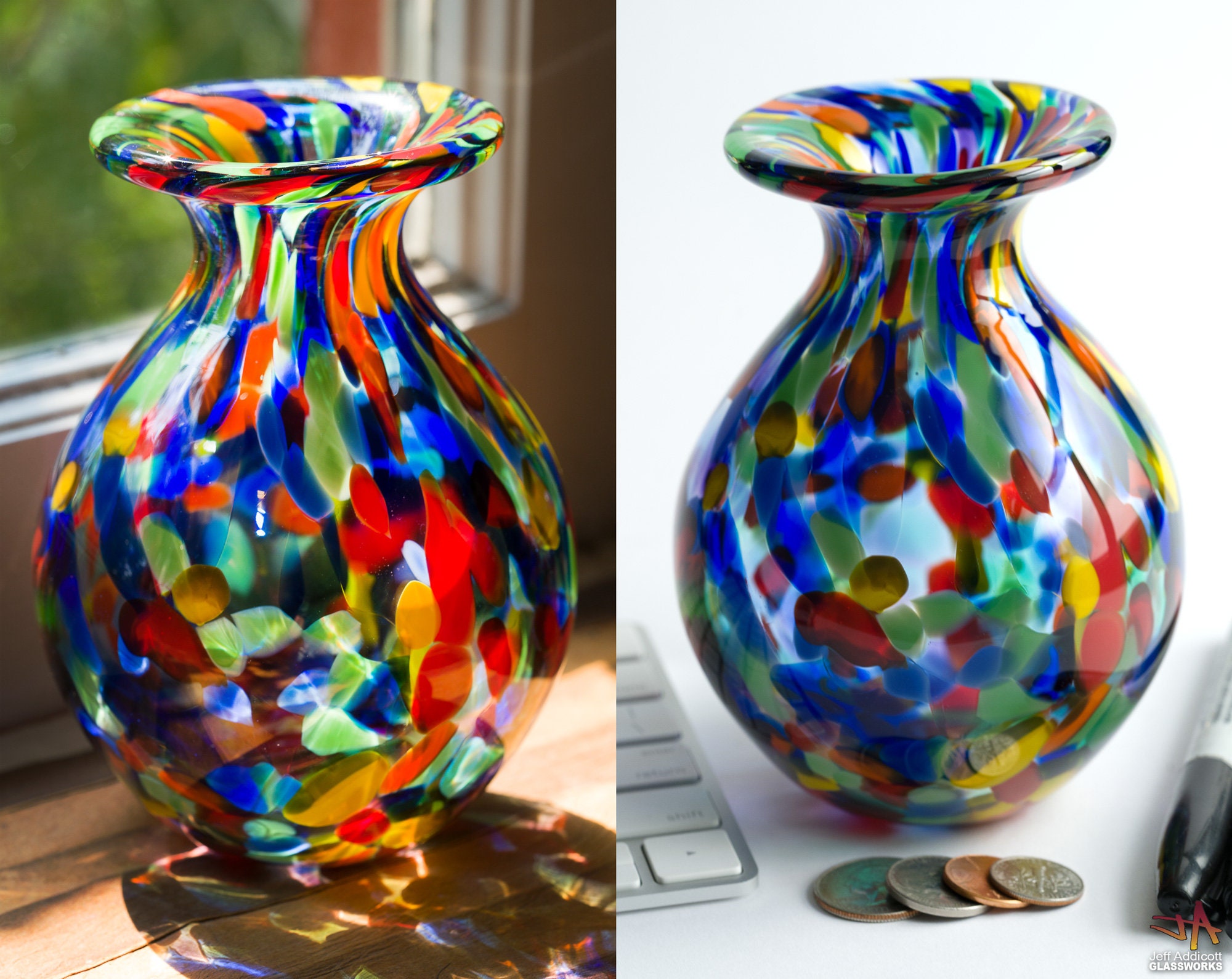Hand Blown Glass Vase with Multicolor Dots Small Etsy