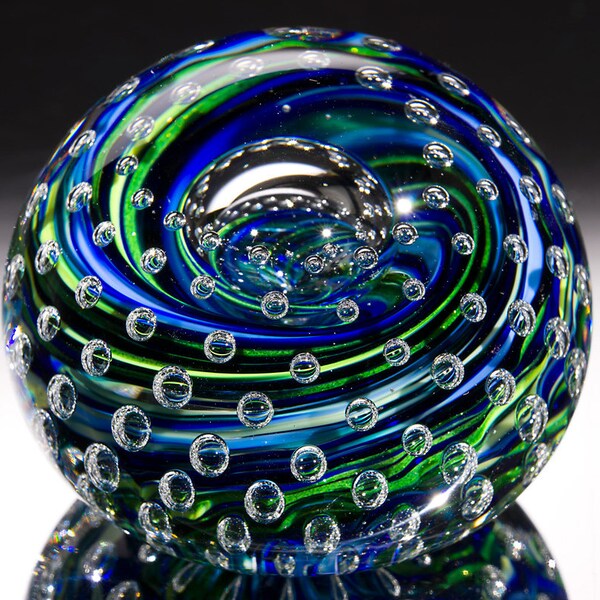 Small Hand Blown Glass Paperweight - Blue and Green Streaks with Bubble Grid