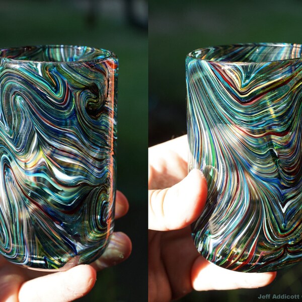 Set of Two Hand Blown Glass Tumblers Multi Color Finger Painting Pattern