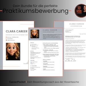 May include: A set of three resume templates with the text "CLARA CAREER" in a modern design. The templates include a headshot of a cartoon character. The text "Dein Bundle für die perfekte -Praktikumsbewerbung-" is at the top.
