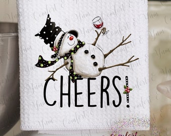 Cheers! Tipsy Snowman in Top Hat holding Red Wine Glass, Christmas, Holiday, Kitchen Tea Dish Towel, Gift for Wine Lover