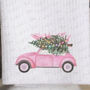 Pink Watercolor Retro Car & Lighted Trees, Christmas, Cottage Core, Kitchen Towel, Hostess Gift, Farmhouse, Pink Kitchen, Rustic, Hippy