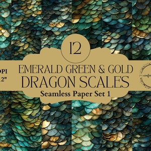 Emerald Green & Gold Dragon Scales Naadloos Papier, Aquarel Papier Set voor Junk Journaling, Party Props, Planner Pagina's, Decoupage, Ephemera