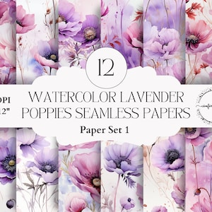 Papiers aquarelle sans couture de coquelicots de lavande pour la fabrication de cartes, les invitations, la journalisation indésirable, les albums, les imprimables de mariage, le découpage, les éphémères