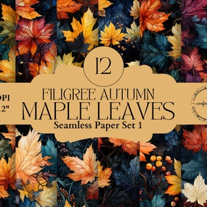 May include: A set of 12 digital seamless patterns featuring intricate watercolour illustrations of autumn maple leaves in shades of red, orange, yellow, and green on a dark background. The patterns are 30.5 cm by 30.5 cm and 300 DPI.