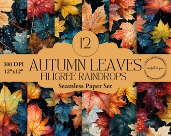 Water Drops on Autumn Leaves Background Papers for Card Making, Invitations, Junk Journaling, Decoupage, Planner Pages, Party Prop, Ephemera