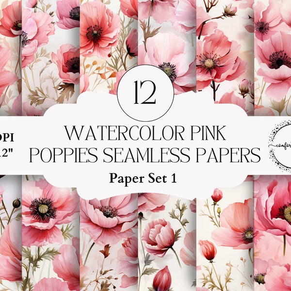 Pink Poppies Seamless Watercolor Papers for Card Making, Invitations, Junk Journaling, Albums, Party Wedding Printables, Decoupage, Ephemera