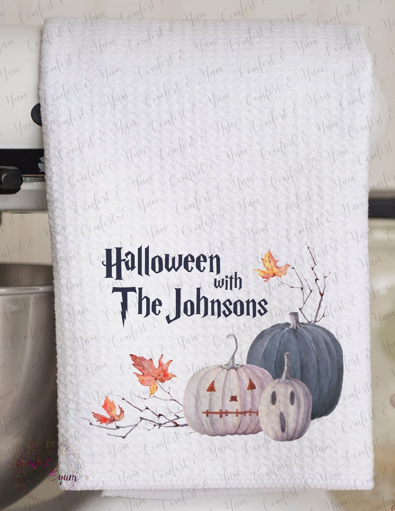 Scary Halloween Pumpkins Jack o' Lantern & Crispy Leaves, Personalized Watercolor Fall, Autumn, Kitchen Tea Towel, Party Hostess Gift image 1