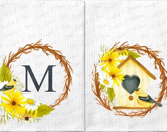 Yellow Goldfinch Birdhouse and Wreath Set, Christmas, Kitchen Tea Towel, Housewarming Gift, Hostess Gift, Teacher Gift, Holiday Gift Set