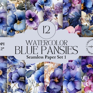 Pensées printanières à l'aquarelle sur papiers numériques bleus et violets, prêtes à l'emploi pour cartes florales, journal indésirable, articles d'agenda, faire-part, calendriers