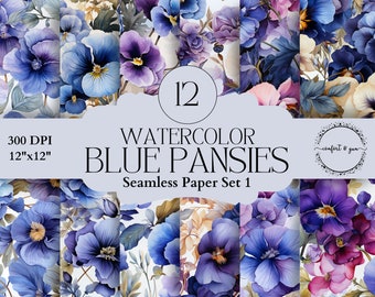 Watercolor Spring Pansies in Blue & Purple Digital Papers, Canva Ready for Floral Cards, Junk Journal, Planner Stuff, Invitations, Calendars