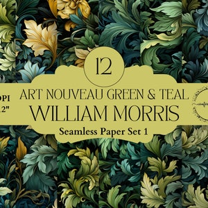 Carta William Morris verde e verde acqua in stile Art Nouveau per realizzare biglietti, inviti, junk journaling, decoupage, agenda, oggetti di scena, oggetti effimeri