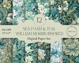 May include: A set of 12 digital papers featuring a William Morris inspired floral pattern in shades of seafoam green and teal. The papers are 12 inches by 12 inches and 300 DPI.