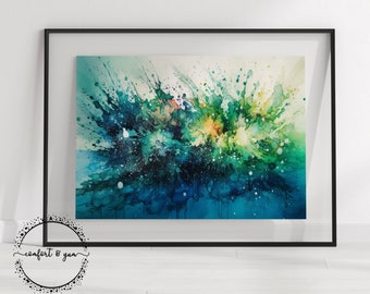 Teal Blue & Green Underwater Abstract Wall Art, Digital Download, Splashs of Teal, Navy, Spruce and Gold, Soothing Office Art, Ocean decor