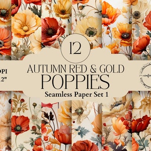 Papier aquarelle sans couture de coquelicot rouge et or d'automne, images florales et botaniques d'automne pour la fabrication de cartes, la journalisation indésirable, le découpage, les pages de planificateur