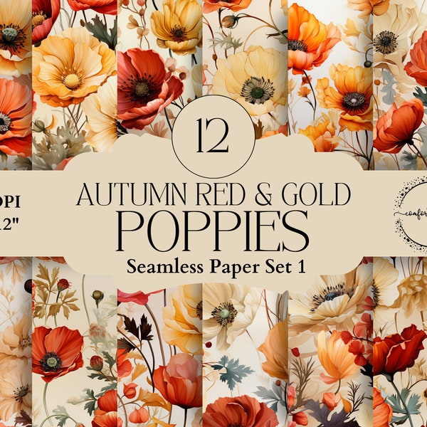 Autumn Red & Gold Poppy Seamless Watercolor Paper, Fall Floral, Botanical Images for Card Making, Junk Journaling, Decoupage, Planner Pages