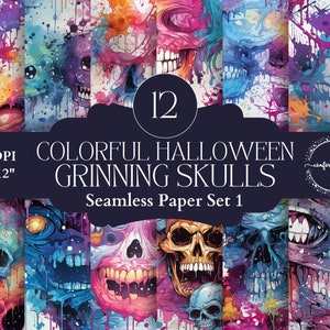 Coloridos papeles sin costura de calaveras sonrientes de Halloween. Imágenes espeluznantes para hacer tarjetas, diarios basura espeluznantes, páginas de planificación e imprimibles para fiestas