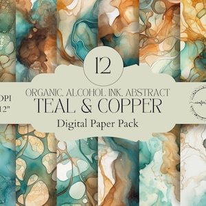Pode incluir: Um pacote de papel digital com 12 designs abstratos de tinta de álcool azul-esverdeado e cobre. Cada design mede 30,48 cm por 30,48 cm e 300 DPI.