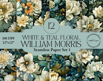 Carta senza cuciture ispirata a William Morris floreale bianca e verde acqua per la creazione di biglietti, inviti, junk journaling, decoupage, pianificatori, oggetti di scena per feste