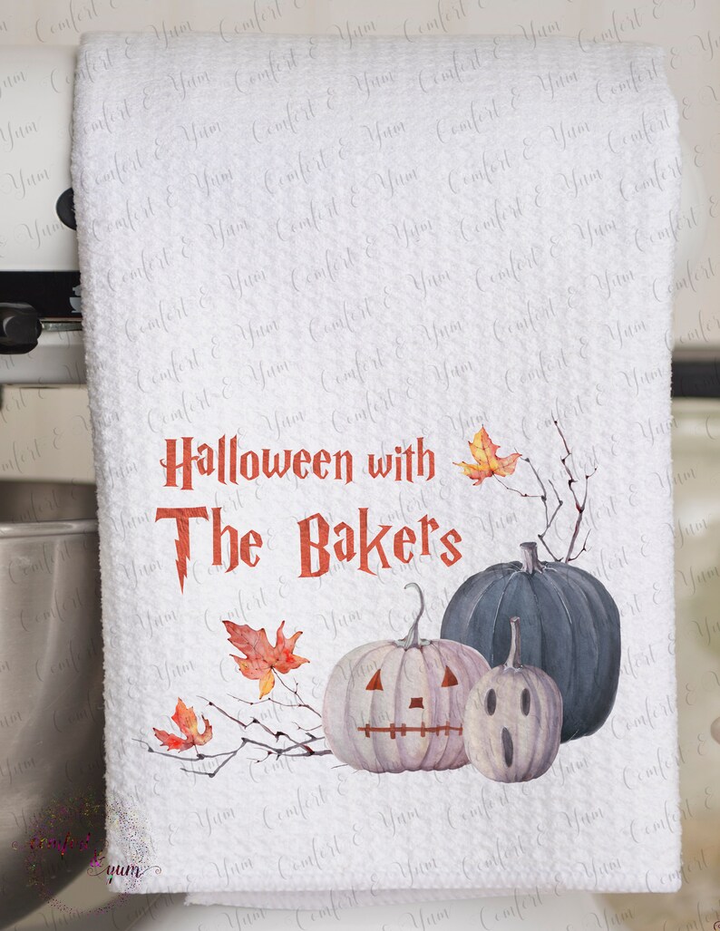 Scary Halloween Pumpkins Jack o' Lantern & Crispy Leaves, Personalized Watercolor Fall, Autumn, Kitchen Tea Towel, Party Hostess Gift image 2