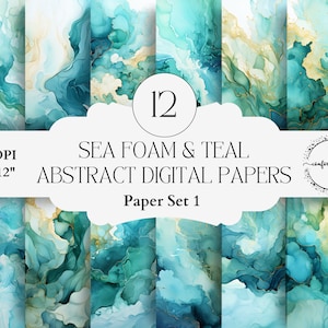 Papeles abstractos de espuma marina de acuarela y verde azulado para la fabricación de tarjetas, invitaciones, diarios basura, álbumes, fiestas, decoupage, texturas de tinta con alcohol