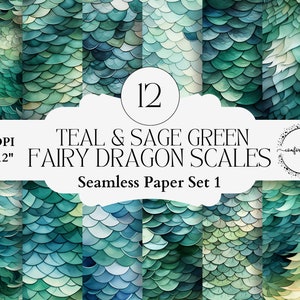 Teal & Sage Green Fantasy Dragon Scales Seamless Aquarell Papier Pack für Junk Journaling, Party Requisiten, Planer Seiten, Decoupage, Ephemera